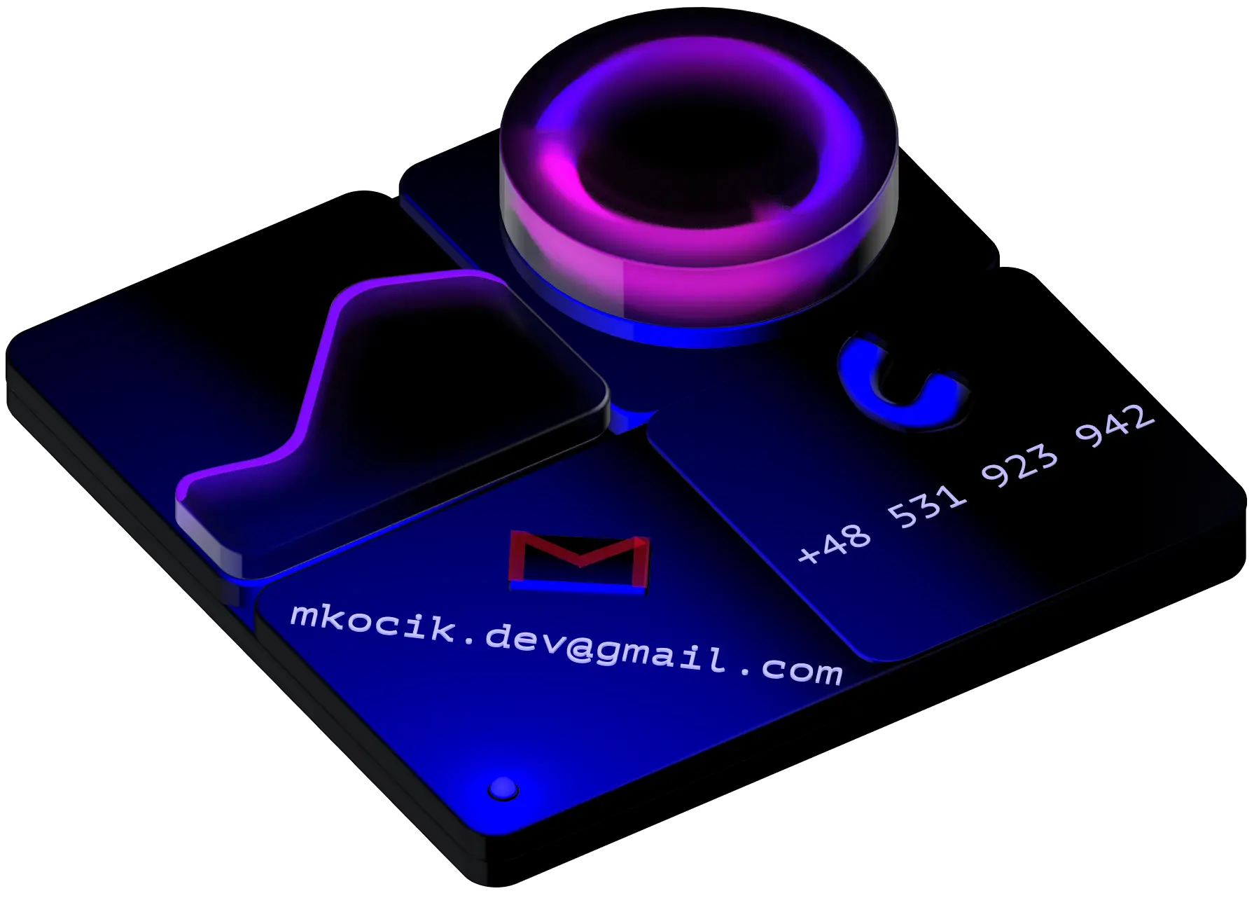 Model 3d panela do sekcji z informacjami do kontaktu z napisanym nuemrem telefonu: +48 531923942 i adresem email :mkocik.dev@gmail.com